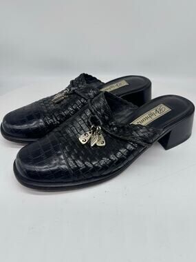 Brighton Franki Black Croc Embossed Woven Leather Mules Silver Hardware 6.5